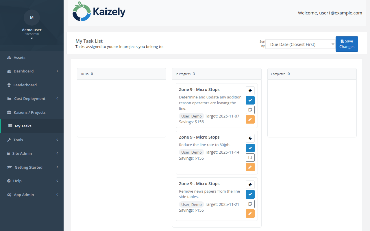 Kaizely My Tasks page showing assigned tasks across projects